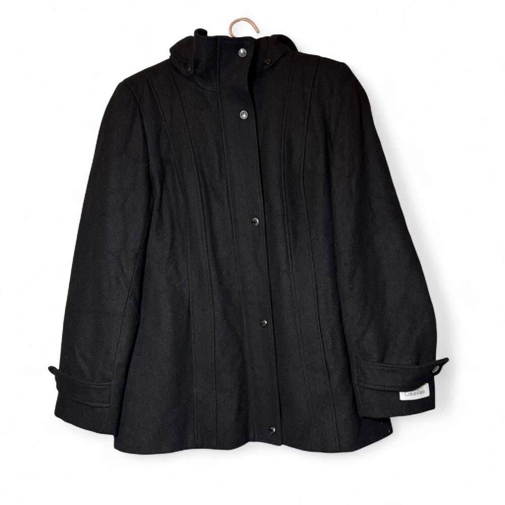 Calvin Klein Womens Black Wool Blend Long Coat Size 10 Classic Sleek Neutral